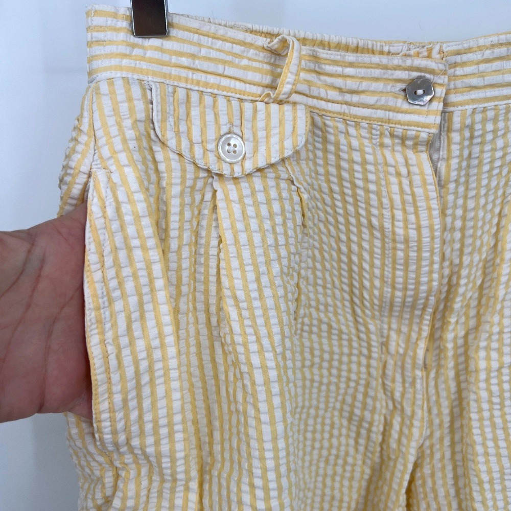 Vintage Seersucker Shorts High Rise Butter Yellow & White Stripe Preppy Resort M - Picture 3 of 8